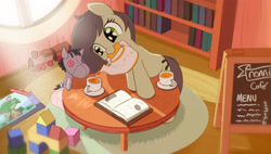 Size: 4483x2545 | Tagged: safe, artist:ponypretzel, oc, oc:filly anon, bookshelf, crayon drawing, cup, doll, drink, female, filly, foal, g4, imported from derpibooru, indoors, open book, pony, sign, smarty pants, tea, tea party, teacup, toy, window