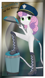 Size: 768x1324 | Tagged: explicit, artist:ohohokapi, sweetie belle, banned from derpibooru, boots, breasts, clothes, dead source, delicious flat chest, edit, equestria girls, female, imported from twibooru, lolicon, nipples, nude edit, nudity, police, police woman, shoes, solo, underage, vacuum, vacuum cleaner, whistling