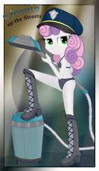 Size: 768x1324 | Tagged: suggestive, artist:ohohokapi, sweetie belle, banned from derpibooru, boots, bra, clothes, edit, equestria girls, female, imported from twibooru, lolicon, panties, police, police woman, shoes, solo, underage, underwear, underwear aside, underwear edit, vacuum, vacuum cleaner