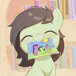Size: 2000x2000 | Tagged: safe, artist:ponypretzel, oc, oc:filly anon, crayon drawing, cute, female, filly, foal, golden oaks library, imported from derpibooru, indoors, mouth hold, ocbetes, pony, smiling