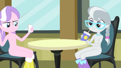 Size: 1485x833 | Tagged: explicit, diamond tiara, silver spoon, banned from derpibooru, belly button, breasts, cellphone, chair, clothes, delicious flat chest, drink, edit, edited screencap, equestria girls, female, glasses, imported from twibooru, jewelry, lolicon, necklace, nipples, nude edit, nudity, phone, screencap, shoes, shoes only, small breasts, smartphone, table, underage, vulva