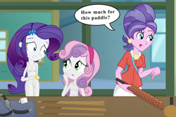 Size: 1152x770 | Tagged: explicit, artist:ohohokapi, rarity, sweetie belle, banned from derpibooru, bdsm, breasts, chastity, chastity belt, cookie crumbles, dialogue, edit, equestria girls, equestria girls-ified, female, imminent spanking, imported from twibooru, lolicon, nude edit, nudity, orgasm denial, paddle, spanking, underage