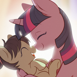 Size: 2000x2000 | Tagged: safe, artist:ponypretzel, twilight sparkle, oc, oc:filly anon, baby, baby pony, boop, duo, eyes closed, female, filly, foal, g4, holding a pony, imported from derpibooru, laughing, mama twilight, noise, noseboop, nuzzling, pony, ponytail