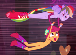 Size: 826x600 | Tagged: explicit, rainbow dash, scootaloo, banned from derpibooru, belly button, boots, breasts, clothes, delicious flat chest, edit, edited screencap, equestria girls, female, flying, imported from twibooru, lolicon, nude edit, nudity, ponied up, screencap, shoes, underage, vulva