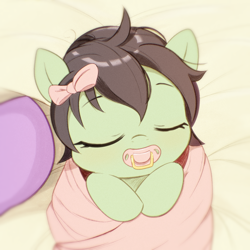 Size: 2000x2000 | Tagged: safe, artist:ponypretzel, twilight sparkle, oc, oc:filly anon, baby, baby pony, bedsheets, bow, female, filly, foal, g4, hair bow, hooves, imported from derpibooru, offscreen character, pacifier, pony, pov, swaddled baby