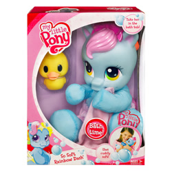 Size: 400x400 | Tagged: safe, photographer:absol, ages 3+, baby, baby dash (g3), baby pony, bath, bath time, bird, bow, box, box cover, bubble, cute, diaper, diaper dash (g3), diarainies, duck, female, filly, foal, g3, g3 logo, g3.5, g3.5 logo, hair bow, heart, heart eyes, human, human female, implied bath, imported from derpibooru, logo, my little pony logo, newborn cuties, official, pony, rainbow dash (g3), rubber duck, simple background, so soft, so soft rainbow dash, solo, towel, toy, white background, wingding eyes