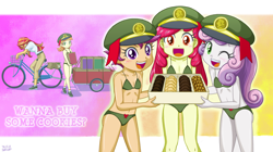 Size: 1249x700 | Tagged: suggestive, artist:uotapo, apple bloom, scootaloo, sweetie belle, adorabloom, banned from derpibooru, bicycle, blushing, bra, charity, clothes, cookie, cute, cutealoo, cutie mark crusaders, diasweetes, edit, equestria girls, equestria girls-ified, female, filly guides, filly scouts, food, girl scout, girl scout uniform, girl scouts, green underwear, hat, imported from twibooru, lolicon, looking at you, one eye closed, open mouth, panties, samoas, scout uniform, skimpy outfit, skirt, sunset helper, sunset shimmer, tag-a-long, thin mint, underage, underwear, underwear edit, uotapo is trying to murder us, weapons-grade cute, wink