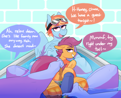 Size: 1641x1332 | Tagged: explicit, artist:redxbacon, editor:deserter, scootaloo, age difference, anatomically correct, anthro, anus, bags under eyes, banned from derpibooru, bath, bathing together, bathroom, bathtub, bedroom eyes, bisexual, bisexual female, bow hothoof, breasts, dark genitals, dialogue, dock, edit, erection, female, freckles, goggles, horse pussy on anthro, horsecock, imminent anal, imminent threesome, imported from twibooru, infidelity, lesbian, lolicon, male, male pov, nipples, nudity, offscreen character, pegasus, penis, ponut, pov, pubic hair, scootahoof, shipping, size difference, smiling, smug, straight, stroking, tail, tail pull, underage, underhoof, unguligrade anthro, vulva, windy whistles