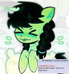 Size: 1900x2048 | Tagged: safe, artist:malloycel, oc, oc:filly anon, ><, braid, cute, daaaaaaaaaaaw, earth pony, emanata, eyes closed, female, filly, filly awwnon, foal, imported from derpibooru, mlem, oc only, pillow, pixel-crisp art, pony, silly, solo, tongue out