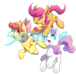 Size: 3024x3024 | Tagged: safe, artist:秋田伊子, apple bloom, scootaloo, sweetie belle, :d, blushing, bow, cutie mark crusaders, dock, earth pony, eyes closed, female, filly, foal, full body, g4, hair bow, horn, imported from derpibooru, nose wrinkle, obtrusive watermark, open mouth, open smile, pegasus, pink bow, sample, simple background, smiling, tail, transparent background, unicorn, v-shaped eyebrows, watermark
