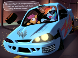 Size: 2000x1500 | Tagged: safe, artist:flailingspade, rainbow dash, scootaloo, awesome, blind, bumper sticker, car, dialogue, digital art, driving, duo, duo female, female, filly, foal, g4, hood ornament, implied appledash, implied lesbian, implied shipping, imported from derpibooru, irresponsible, lamppost, mare, midnight club, open mouth, pegasus, pony, racecar, rainbow dash is a goddamn moron, rainbow dumb, reckless, sparks, speech bubble, street, sunglasses, this will end in disaster, vehicle, wheel, wide eyes, worried