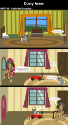 Size: 1920x3516 | Tagged: safe, artist:platinumdrop, oc, oc:dusty hooves, comic:dusty acres, series:technoverse, 3 panel comic, bag, bed, box, comic, commission, derpy hooves, dialogue, door, earth pony, female, filly, foal, g4, hat, hoof hold, imported from derpibooru, indoors, looking back, male, offscreen character, pegasus, playing, pony, speech bubble, stallion, standing, talking, toy, wagon, walking, window, younger