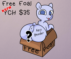 Size: 1555x1299 | Tagged: explicit, artist:alleymutt, oc, alternate version, ambiguous gender, anus, box, commission, dock, foal, foalcon, implied foalcon, imported from derpibooru, nudity, ponut, pony, pony in a box, solo, tail, tongue out, ych example, young, your character here