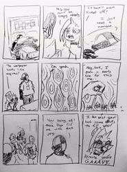 Size: 2296x3105 | Tagged: suggestive, artist:pony quarantine, oc, oc:anon, oc:dyx, oc:ponyquarantine, series:pq funnies, alicorn, comic, comic strip, dialogue, eye clipping through hair, eyebrows, eyebrows visible through hair, female, filly, foal, frown, grayscale, human, imported from derpibooru, male, monochrome, oc only, open mouth, open smile, pencil drawing, plushie, pony, pony plushie, smiling, traditional art