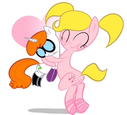 Size: 1313x1192 | Tagged: safe, artist:liquifiedpopbun, 2026, ^^, arched back, ballet slippers, blushing, boots, butt, c:, cheek swirl, clothes, colt, concave belly, curly mane, curly tail, dee dee, dee dee (dexter's laboratory), dexter (dexter's laboratory), dexter's laboratory, digital art, dizzy, dizzy eyes, eyes closed, floating heart, foal, glasses, gloves, heart, horn, hug, imported from derpibooru, male, older sister, plot, ponified, pony, round glasses, shoes, siblings, simple background, smiling, tail, underhoof, unicorn, white background