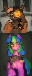 Size: 1588x3676 | Tagged: safe, artist:unluckilee, oc, oc:phosphor bloom, oc:solar tulip, series:the end of friendship campaign, 2 panel comic, :d, bandolier, bat pony, bat pony oc, bottle, comforting, comic, digital painting, earth pony, earth pony oc, female, filly, flask, foal, glowing, imported from derpibooru, looking down, looking up, mare, oc only, open mouth, open smile, potion, smiling, wholesome