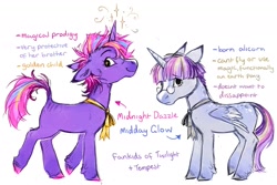 Size: 2013x1345 | Tagged: safe, artist:lutraviolet, oc, oc:midday glow, oc:midnight dazzle, alicorn, alicorn oc, colt, duo, female, filly, foal, glasses, horn, imported from derpibooru, looking at you, magical lesbian spawn, male, next generation, oc only, offspring, parent:tempest shadow, parent:twilight sparkle, parents:tempestlight, pony, smiling, smiling at you, starry eyes, unicorn, unshorn fetlocks, wingding eyes, wings