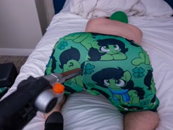 Size: 3500x2612 | Tagged: suggestive, oc, oc:anon, oc:filly anon, bed, bent over, clothes, female, filly, foal, human, imported from derpibooru, indoors, irl, irl human, photo, shorts, wtf