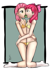 Size: 1446x2000 | Tagged: suggestive, artist:dakuroihoshi, apple bloom, babs seed, apple, apple in mouth, applecest, appleseed, banned from derpibooru, bra, breasts, butt touch, clothes, delicious flat chest, female, food, freckles, hand on butt, human, humanized, imported from twibooru, incest, lesbian, lolicon, looking at each other, nipples, nudity, panties, shipping, socks, underage, underwear