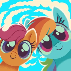 Size: 4000x4000 | Tagged: safe, artist:kyrakupetsky, rainbow dash, scootaloo, cloud, cute, cutealoo, dashabetes, duo, duo female, female, filly, foal, g4, imported from derpibooru, looking at you, looking down, looking down at you, low angle, mare, pegasus, pony, scootalove, sky, sky background, smiling, smiling at you