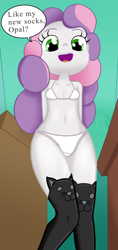 Size: 768x1622 | Tagged: suggestive, artist:ohohokapi, sweetie belle, banned from derpibooru, bra, clothes, edit, equestria girls, female, imported from twibooru, lolicon, looking at you, looking down, panties, socks, solo, underage, underwear, underwear edit, white underwear, worm's eye view