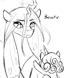 Size: 3000x3500 | Tagged: safe, artist:emjay0159, princess flurry heart, queen chrysalis, alicorn, auntie chrissy, black and white, changeling, changeling queen, crown, cute, dialogue, duo, duo female, fangs, female, filly, foal, g4, grayscale, imported from derpibooru, jewelry, monochrome, pony, regalia, simple background, sketch, text, white background