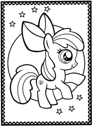 Size: 2195x2922 | Tagged: safe, artist:magnificent-coloring, apple bloom, border, bow, coloring page, earth pony, female, filly, foal, full body, g4, hair bow, heart, imported from derpibooru, lineart, pony, simple background, solo, stars, white background