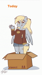 Size: 1215x2160 | Tagged: safe, artist:xconito, animated, anthro, band-aid, box, cardboard box, derpy hooves, dinky hooves, duo, ear piercing, earring, female, filly, floating heart, foal, food, g4, heart, heart hands, horn, imported from derpibooru, japanese, jewelry, mother and child, mother and daughter, muffin, my little sombra: resistance is magic, pegasus, piercing, smiling, sound, unicorn, webm
