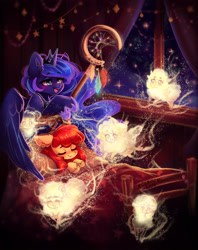 Size: 3060x3859 | Tagged: safe, artist:polnocnykot, apple bloom, princess luna, alicorn, alternate version, bed, dreamcatcher, duo, duo female, earth pony, female, filly, foal, g4, imported from derpibooru, indoors, pony, sheep, shepherd's crook, textless, textless version, window