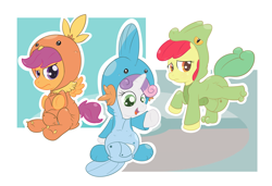 Size: 2576x1762 | Tagged: safe, artist:vitriolink, apple bloom, scootaloo, sweetie belle, 2014, abstract background, butt flap, clothes, costume, cutie mark crusaders, diaper, diaper belle, diaper fetish, diaper under clothes, diaperbloom, diaperloo, earth pony, female, fetish, filly, foal, g4, horn, imported from derpibooru, kigurumi, mudkip, onesie, pegasus, pokémon, pony, sitting, torchic, treecko, trio, unicorn
