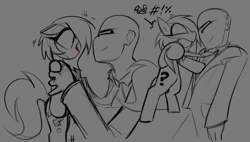 Size: 2676x1522 | Tagged: safe, artist:madragon, oc, oc:anon, oc:filly anon, angry, earth pony, female, filly, foal, gray background, holding a pony, human, imported from derpibooru, oc only, pony, question mark, simple background, sketch, sketch dump