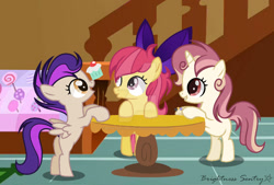 Size: 1280x867 | Tagged: safe, artist:brightness-sentryyt, oc, oc:apple taps, oc:sweet smash, oc:zaps, balancing, bipedal, bipedal leaning, earth pony, female, filly, foal, horn, imported from derpibooru, indoors, leaning, obtrusive watermark, oc only, offspring, parent:apple bloom, parent:button mash, parent:rumble, parent:scootaloo, parent:sweetie belle, parent:tender taps, parents:rumbloo, parents:sweetiemash, parents:tenderbloom, pegasus, ponies balancing stuff on their nose, pony, table, trio, unicorn, watermark