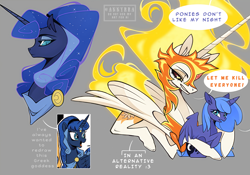 Size: 3012x2114 | Tagged: safe, artist:annyrra, princess luna, age difference, alicorn, artemis luna, black sclera, bust, crying, daybreaker, dialogue, duo, duo female, embrace, female, filly, filly luna, foal, full body, g4, gray background, helmet, horn, idw, imported from derpibooru, long horn, looking at someone, mane of fire, mare, mirror universe, missing accessory, nightmare moon, partially open wings, pony, portrait, reflections, s1 luna, siblings, simple background, sisters, size difference, slit pupils, speech bubble, text, watermark, wings, woona, younger