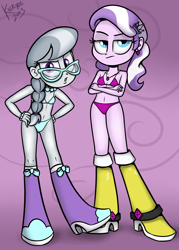 Size: 2000x2800 | Tagged: suggestive, artist:killryde, diamond tiara, silver spoon, accessories, banned from derpibooru, boots, bra, bracelet, clothes, edit, equestria girls, female, glasses, imported from twibooru, jacket, jewelry, lolicon, necklace, panties, shoes, skirt, unamused, underage, underwear, underwear edit