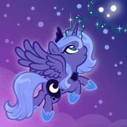 Size: 2400x2400 | Tagged: safe, artist:sparkytopia, princess luna, 2026, alicorn, blue coat, blue hair, blue mane, blue tail, clothes, cloud, crown, digital art, eyelashes, eyeshadow, female, filly, filly luna, flying, foal, g4, imported from derpibooru, jewelry, looking at something, looking up, magic, makeup, night, open mouth, outdoors, pony, rear view, regalia, s1 luna, shoes, signature, solo, sparkles, spread wings, stars, tail, teal eyes, telekinesis, wings, younger