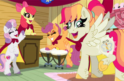 Size: 9177x6000 | Tagged: safe, artist:liv-and-b-merry, apple bloom, scootaloo, sweetie belle, oc, oc:faith everlasting, absurd resolution, bongos, cape, cheering, clothes, cloven hooves, clubhouse, cmc cape, crusaders clubhouse, cutie mark, cutie mark crusaders, cutiespark, earth pony, eyes closed, feathered fetlocks, female, filly, foal, g4, grin, group, horn, imported from derpibooru, indoors, musical instrument, open mouth, open smile, pegasus, pegasus oc, pony, quadrupedal, quartet, smiling, underhoof, unicorn, unshorn fetlocks, ych example, your character here