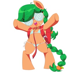 Size: 2000x2000 | Tagged: suggestive, artist:spoonie, oc, oc:morning mimosa, :d, ahoge, band-aid, band-aid on cheek, bikini, bipedal, blushing, braid, braided tail, clothes, collar, earth pony, female, filly, foal, full body, glasses, imported from derpibooru, leash, looking at you, missing braces, open mouth, open smile, orange ornament, pony, randoseru, side braid, side-tie bikini, simple background, smiling, solo, spread arms, striped bikini, swimsuit, swirly glasses, tail, upper teeth only, white background