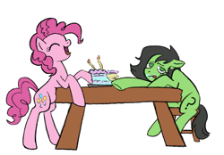Size: 2360x1640 | Tagged: safe, artist:lowcapsloch, pinkie pie, oc, oc:filly anon, ^^, bite mark, cake, drawthread, duo, duo female, earth pony, eyes closed, eyes open, female, filly, foal, food, g4, imported from derpibooru, laughing, mare, no pupils, overeating, pony, post flag:eqg twilight sparkle, requested art, requester:joshponkapie, simple background, table, tongue out