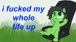 Size: 4909x2688 | Tagged: safe, artist:anonymous, oc, oc:filly anon, :3, big eyes, chair, digital art, female, field, filly, foal, grass, grass field, hooves behind head, imported from derpibooru, sitting, smiling, text, underhoof, vulgar