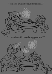 Size: 1640x2360 | Tagged: safe, artist:lowcapsloch, princess celestia, princess luna, 2 panel comic, alicorn, blank flank, comic, cup, drawthread, duo, duo female, female, filly, filly luna, foal, g4, grayscale, imported from derpibooru, mare, missing accessory, monochrome, pony, post flag:eqg twilight sparkle, pouring, royal sisters, sad, scrunchy face, siblings, sisters, table, teacup, teapot, wavy mouth, younger