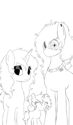 Size: 1015x1721 | Tagged: safe, artist:composerflea, oc, oc:cursive scribble, oc:fc07, oc:remil clouds, child, earth pony, earth pony oc, female, filly, foal, horn, imported from derpibooru, male, oc only, parents and child, photo, pony, robot, robot pony, simple background, trio, unicorn, unicorn oc, white background