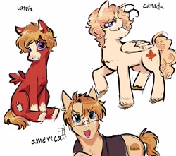 Size: 3400x3000 | Tagged: safe, artist:artsjuno, 2026, america (hetalia), blaze (coat marking), brothers, canada, canada (hetalia), coat markings, colt, digital art, earth pony, emanata, facial markings, foal, freckles, glasses, hetalia, imported from derpibooru, latvia, latvia (hetalia), looking at you, male, nation ponies, pegasus, ponified, pony, ponytalia, rule 85, siblings, small wings, smiling, smiling at you, socks (coat markings), stallion, trio, trio male, twin brothers, twins, united states, wings