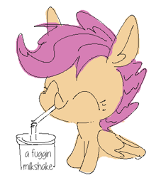 Size: 360x396 | Tagged: safe, artist:anonymous, scootaloo, ^^, cute, drawthread, drink, drinking, drinking straw, eyes closed, female, filly, foal, g4, imported from derpibooru, milkshake, pegasus, pony, post flag:none, requested art, simple background, sipping, solo, vulgar, white background