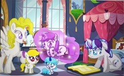 Size: 3454x2118 | Tagged: safe, artist:oumirot, oc, oc:doublestar lightbow, oc:gale lily, oc:glory flash/glory(oumirot)), oc:oumi sparkle, 5-year-old, baby, book, bowtie, female, filly, filly oumi sparkle, foal, g1, g1 to g4, g4, galeprise sister, generation leap, glory, horn, imported from derpibooru, indoors, magic, oc only, pegasus, pegasus oc, photo, picture of a screen, pony, surprise, unicorn, unicorn oc, unicorn oumi