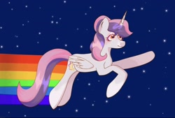 Size: 2560x1726 | Tagged: safe, artist:ykrop, oc, oc:sweetieck dreams, alicorn, alicorn oc, cute, female, filly, foal, g4, horn, imported from derpibooru, leaning, not sweetie belle, oc only, outdoors, pony, rainbow, smiling, tail, teenager, two toned mane, two toned tail, unicorn, unicorn horn, wings