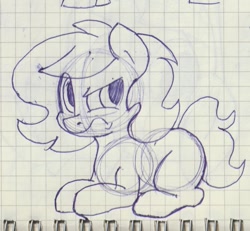 Size: 993x918 | Tagged: safe, artist:unitxxvii, oc, oc:filly anon, earth pony, eyebrows, female, filly, foal, frown, graph paper, imported from derpibooru, lying down, monochrome, oc only, pen drawing, pony, prone, raised eyebrow, solo, traditional art