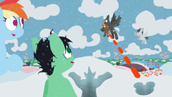 Size: 1920x1080 | Tagged: safe, button mash, rainbow dash, oc, oc:colt anon, anonymous artist, bridge, carrying, cloud, cloudy, colt, earth pony, exclamation point, female, flying, foal, frown, g4, grass, holding a pony, hole, house, houses, imported from derpibooru, looking at each other, looking at someone, looking at something, male, mare, messy mane, no pupils, open mouth, open smile, outdoors, pegasus, pinpoint eyes, pony, ponyville, river, rumble, sitting, smiling, snow, snowfall, stallion, thunderlane, water