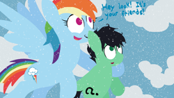 Size: 1920x1080 | Tagged: safe, rainbow dash, oc, oc:colt anon, anonymous artist, cloud, cloudy, colt, dialogue, duo, duo male and female, earth pony, female, flying, foal, g4, hoof on shoulder, imported from derpibooru, lineless, looking up, male, mare, messy mane, no pupils, open mouth, outdoors, pegasus, pony, sitting, snow, snowfall
