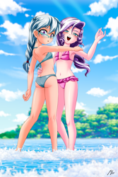Size: 2618x3925 | Tagged: suggestive, artist:mauroz, diamond tiara, silver spoon, banned from derpibooru, bikini, bikini aside, child, clothes, equestria girls, female, females only, human, imported from twibooru, lolicon, swimsuit, underage, young