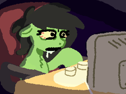 Size: 303x225 | Tagged: safe, artist:anonymous, artist:violet-rain, oc, oc:filly anon, chair, chest fluff, computer, dark room, doomscrolling, drool, drool string, earth pony, female, filly, floppy ears, foal, imported from derpibooru, indoors, keyboard, oc only, pc, pony, relatable, sitting, solo, tired